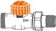Thermostatventilunterteil mit orangefarbener Kappe und Gewindeanschlüssen, hergestellt von IMI Hydronic Engineering. Geeignet für Heizungsanwendungen.